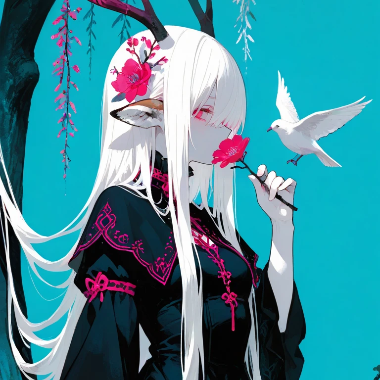 붉은 꽃의 향기를 맡는 소녀