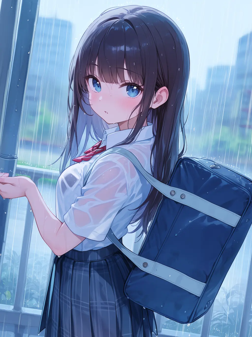 TaquSynthV의 雨の日の軒下で、おしとやかなずぶ濡れJK