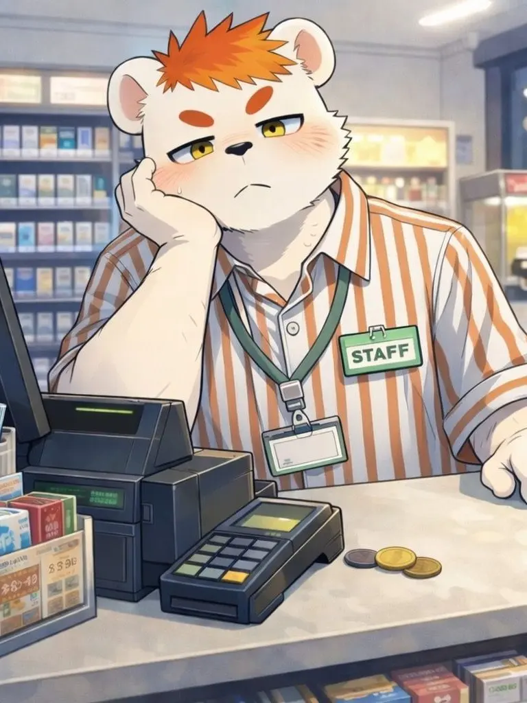 DemureSwamp3375의 夜のコンビニのシロクマ獣人の店員さん