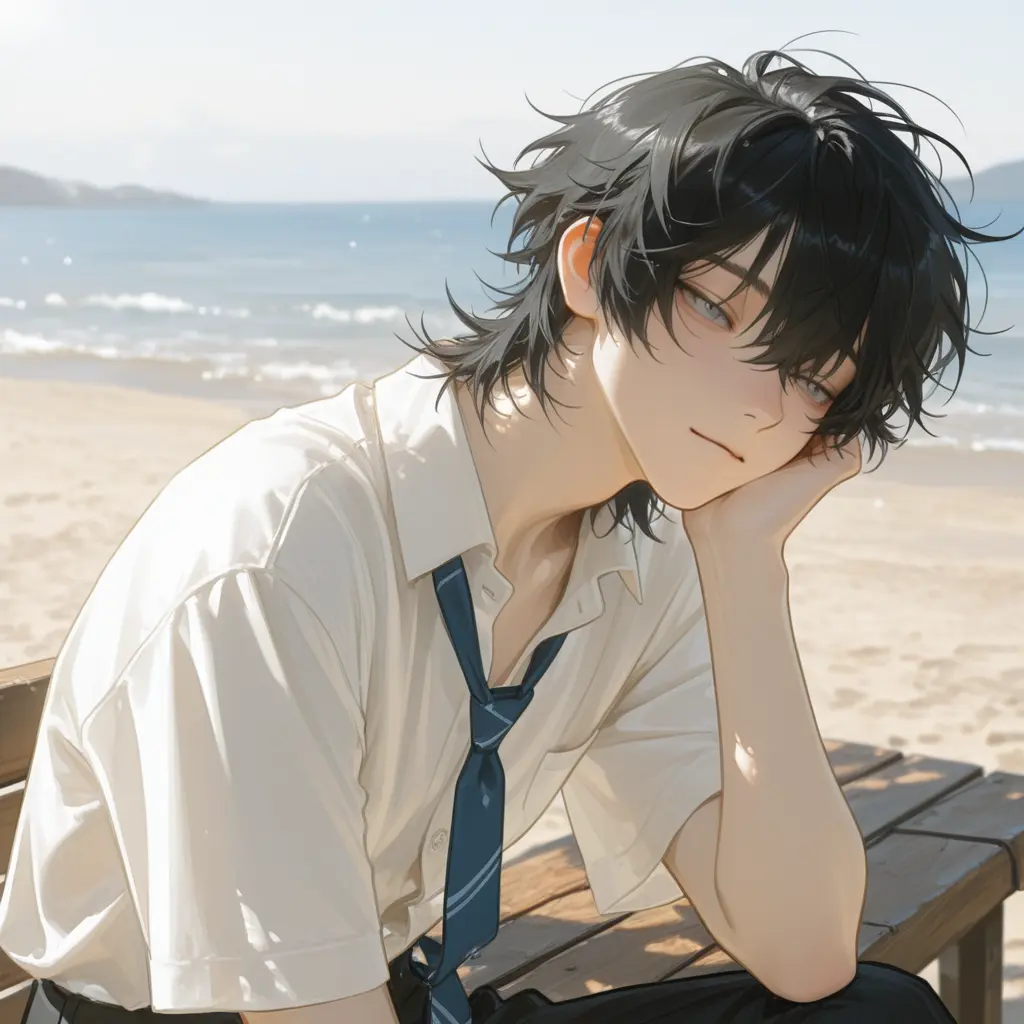 lemon_miu의 海辺の町、瓶入りのソーダ、浜辺のベンチ。